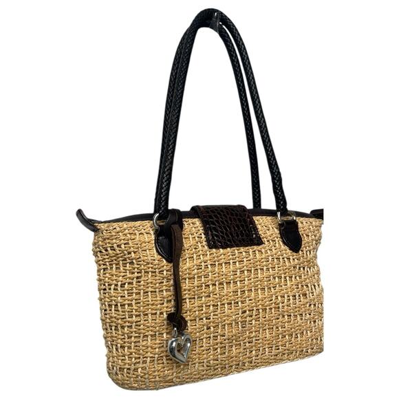 VTG Brighton Purse Brown Leather Straw Woven Double Handle Heart Boho 90s Y2K - Picture 14 of 16
